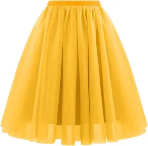 Womens Tulle Skirts Midi Elastic High Waist Pleated Mesh Flowy A-Line Long Skirts