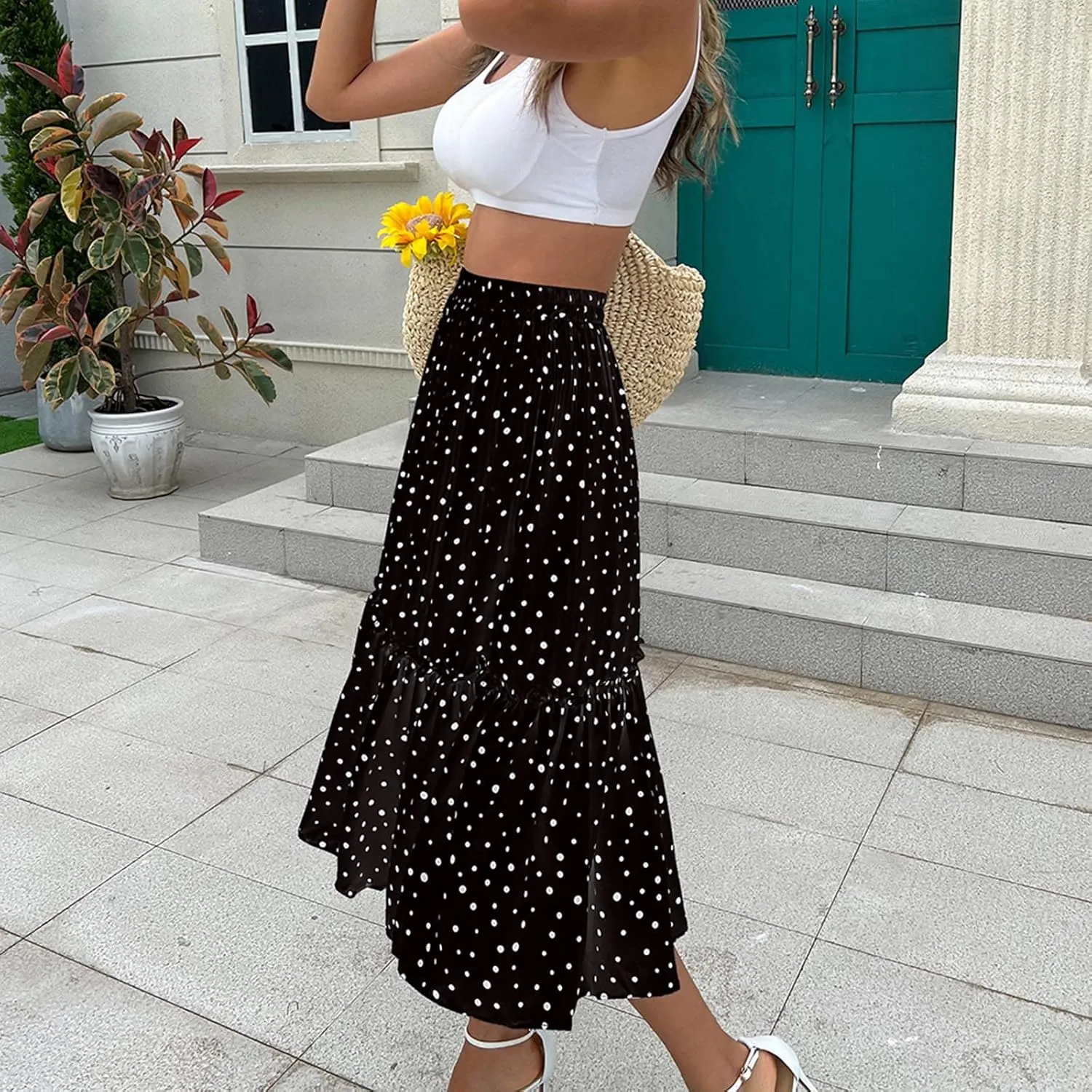 Women's Vintage A-Line Skirts High Waist Ankle Skirts Polka Dot Print Pleated Fashion Versatile Skirt Midi Skirt