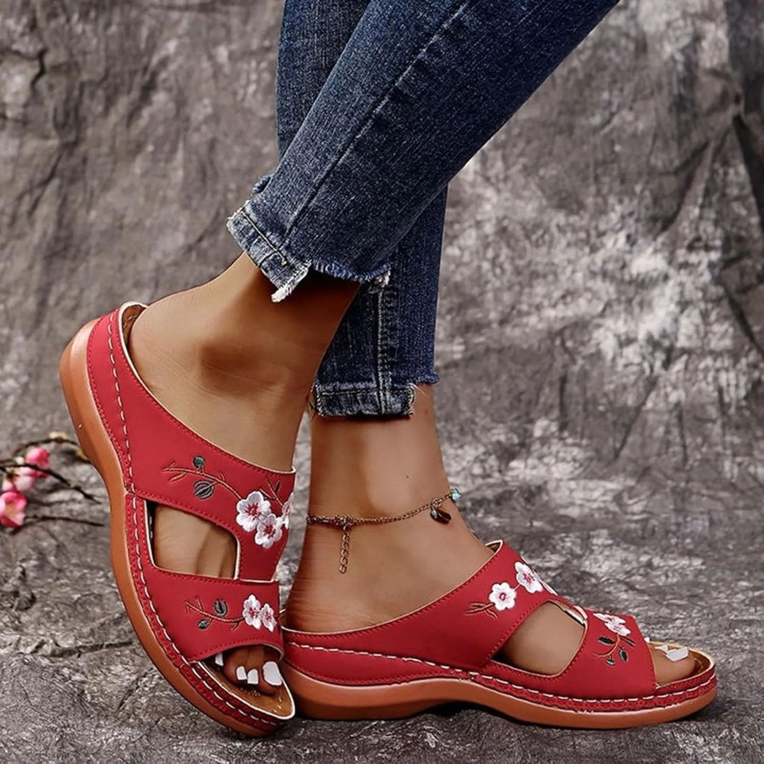 Women's Wedge Sandals, Hollow Floral Embroidery With Arch Support Comfortable Orthopedic Sandal Summer Dressy Slides