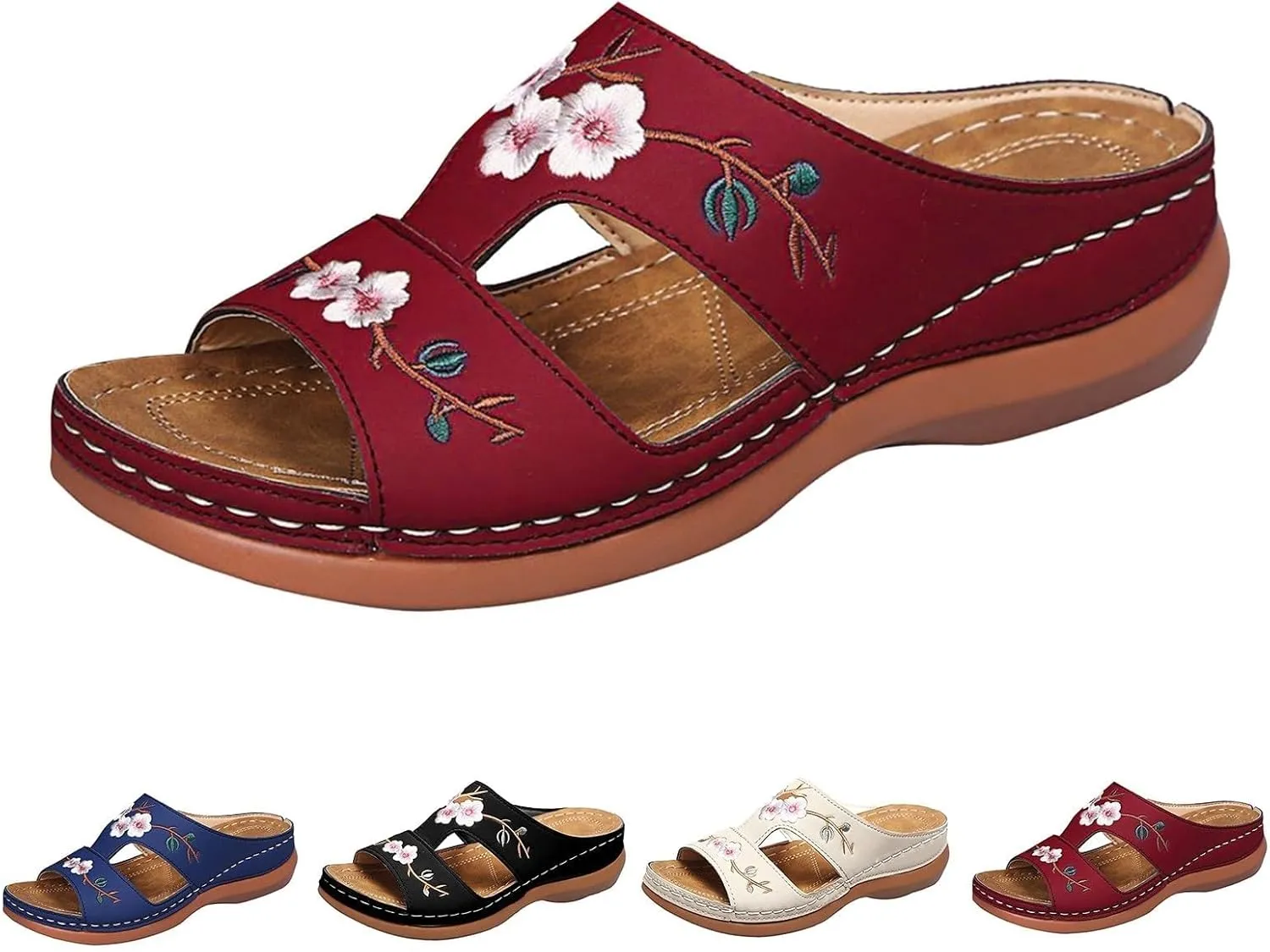 Women's Wedge Sandals, Hollow Floral Embroidery With Arch Support Comfortable Orthopedic Sandal Summer Dressy Slides