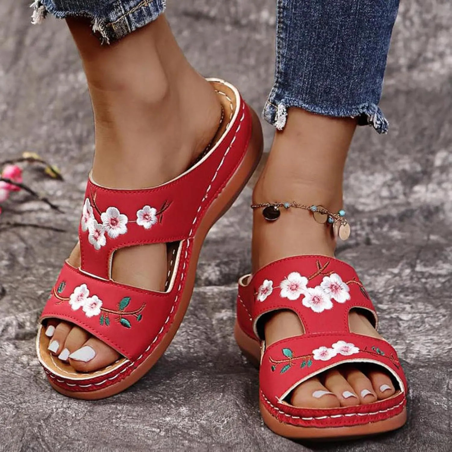 Women's Wedge Sandals, Hollow Floral Embroidery With Arch Support Comfortable Orthopedic Sandal Summer Dressy Slides