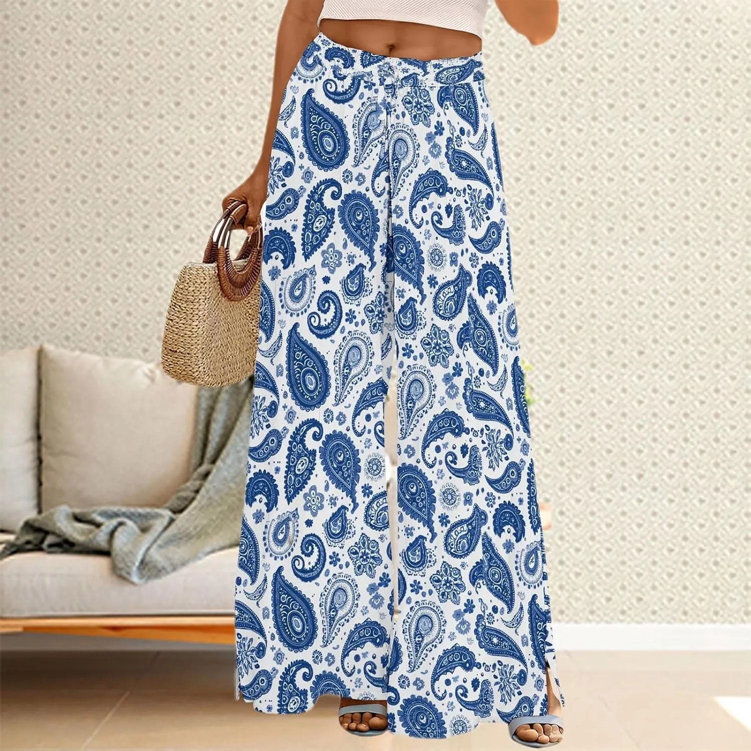 Women's Wide Leg Pants with Pockets High Waist Boho Flowy Loose Fit Relaxed Casual Beach Trousers Business Work Pant