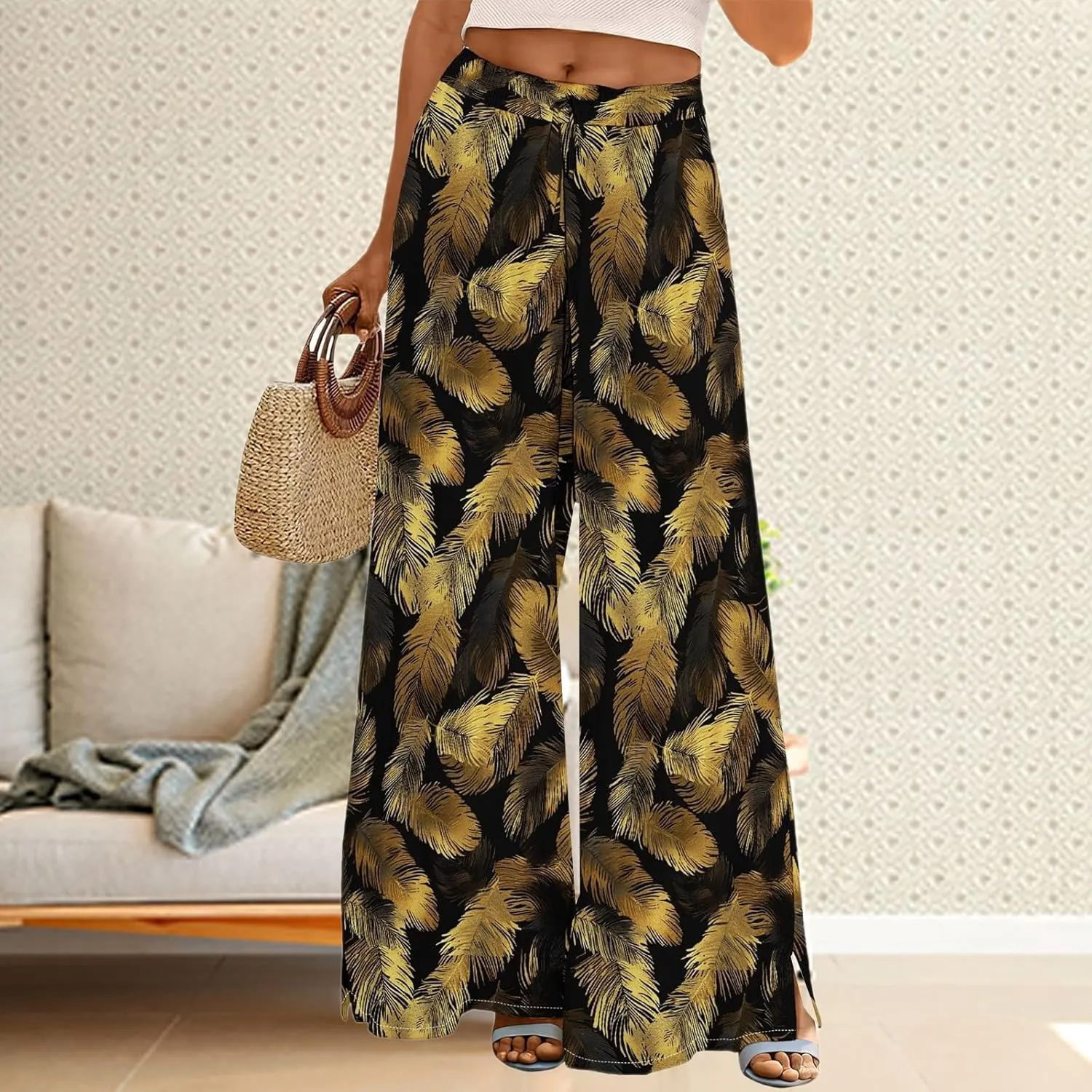 Women's Wide Leg Pants with Pockets High Waist Boho Flowy Loose Fit Relaxed Casual Beach Trousers Business Work Pant
