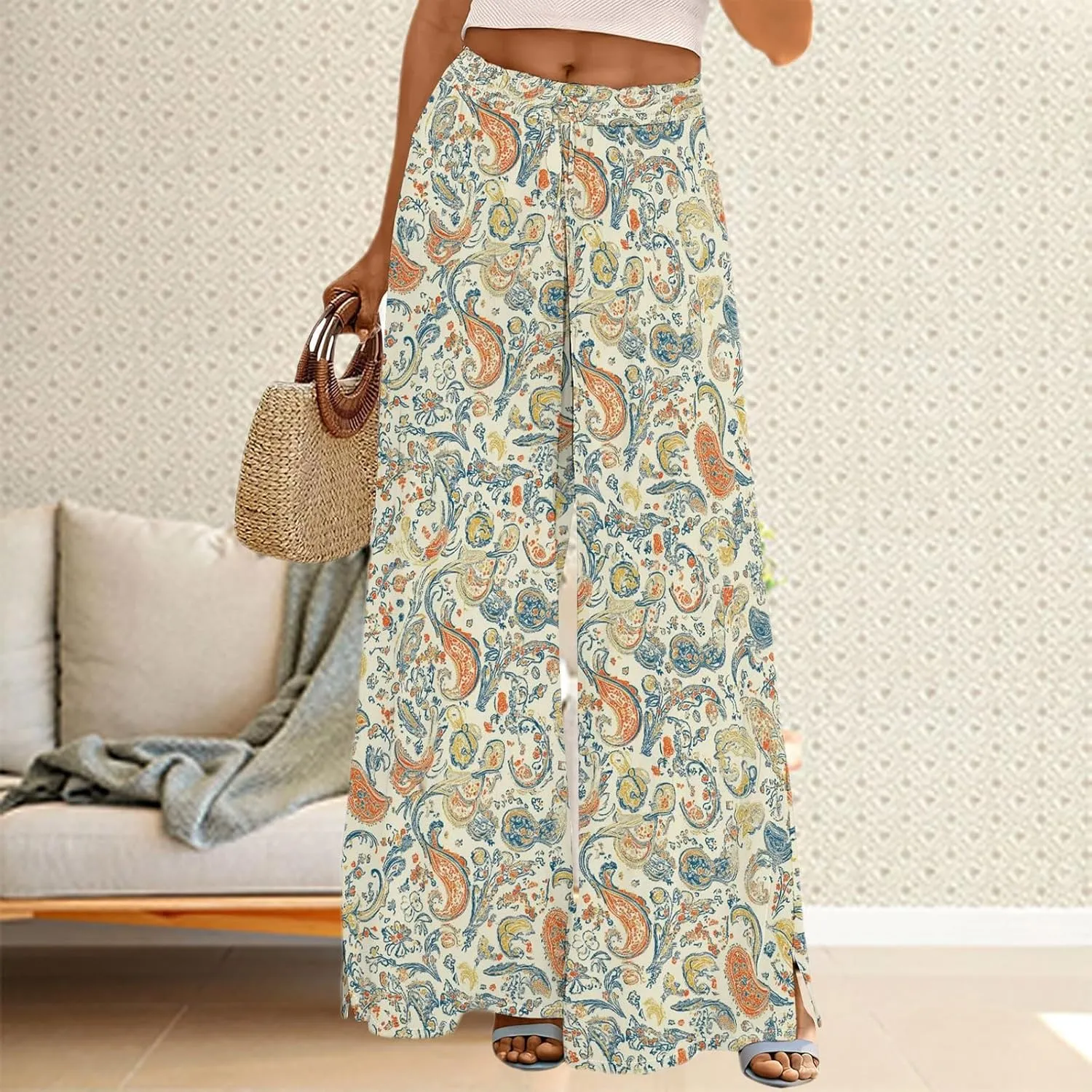 Women's Wide Leg Pants with Pockets High Waist Boho Flowy Loose Fit Relaxed Casual Beach Trousers Business Work Pant