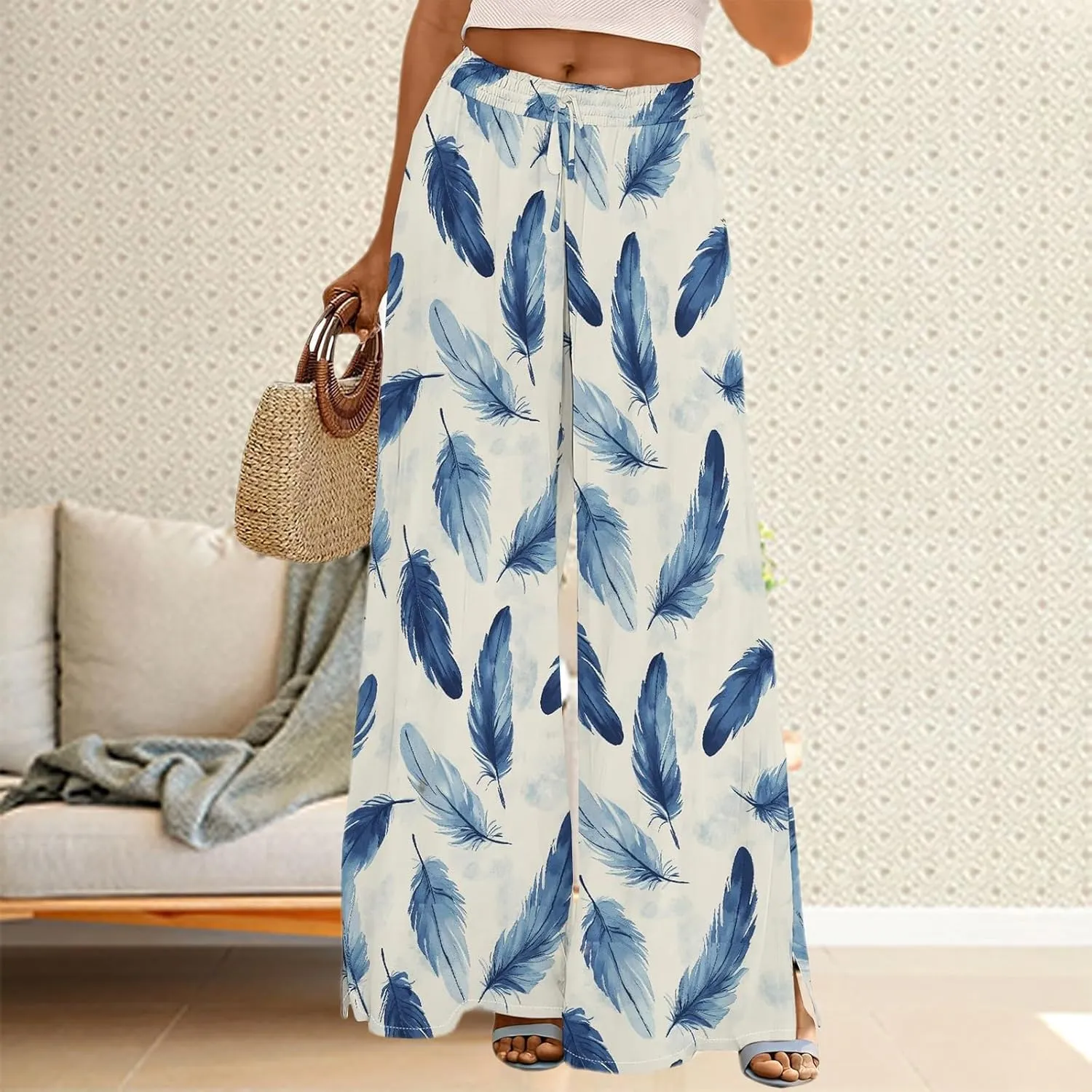 Women's Wide Leg Pants with Pockets High Waist Boho Flowy Loose Fit Relaxed Casual Beach Trousers Business Work Pant