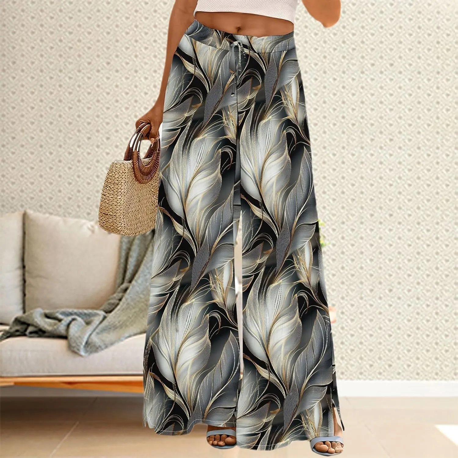 Women's Wide Leg Pants with Pockets High Waist Boho Flowy Loose Fit Relaxed Casual Beach Trousers Business Work Pant