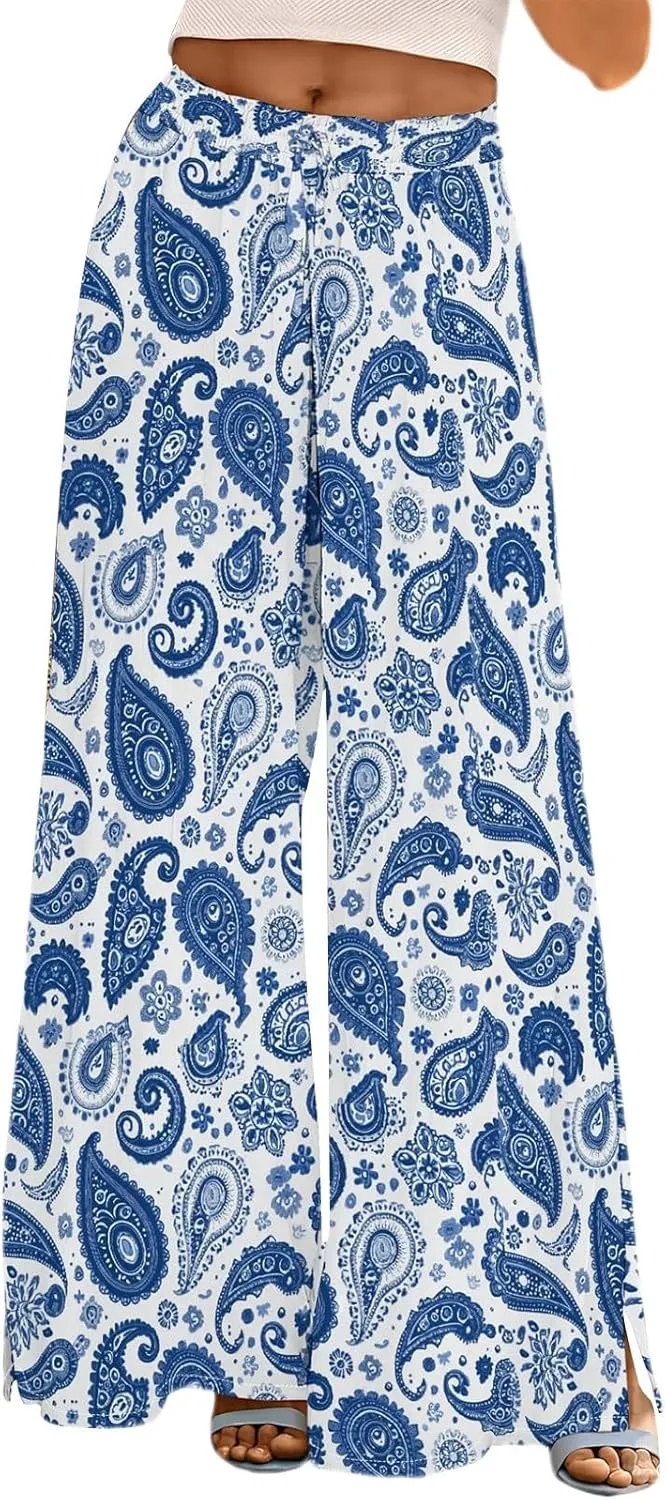 Women's Wide Leg Pants with Pockets High Waist Boho Flowy Loose Fit Relaxed Casual Beach Trousers Business Work Pant