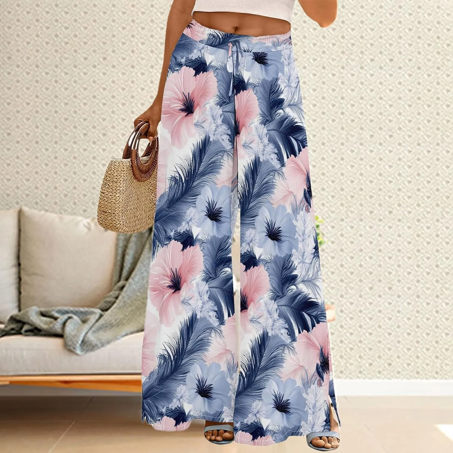 Women's Wide Leg Pants with Pockets High Waist Boho Flowy Loose Fit Relaxed Casual Beach Trousers Business Work Pant
