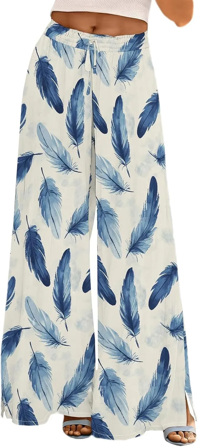 Women's Wide Leg Pants with Pockets High Waist Boho Flowy Loose Fit Relaxed Casual Beach Trousers Business Work Pant