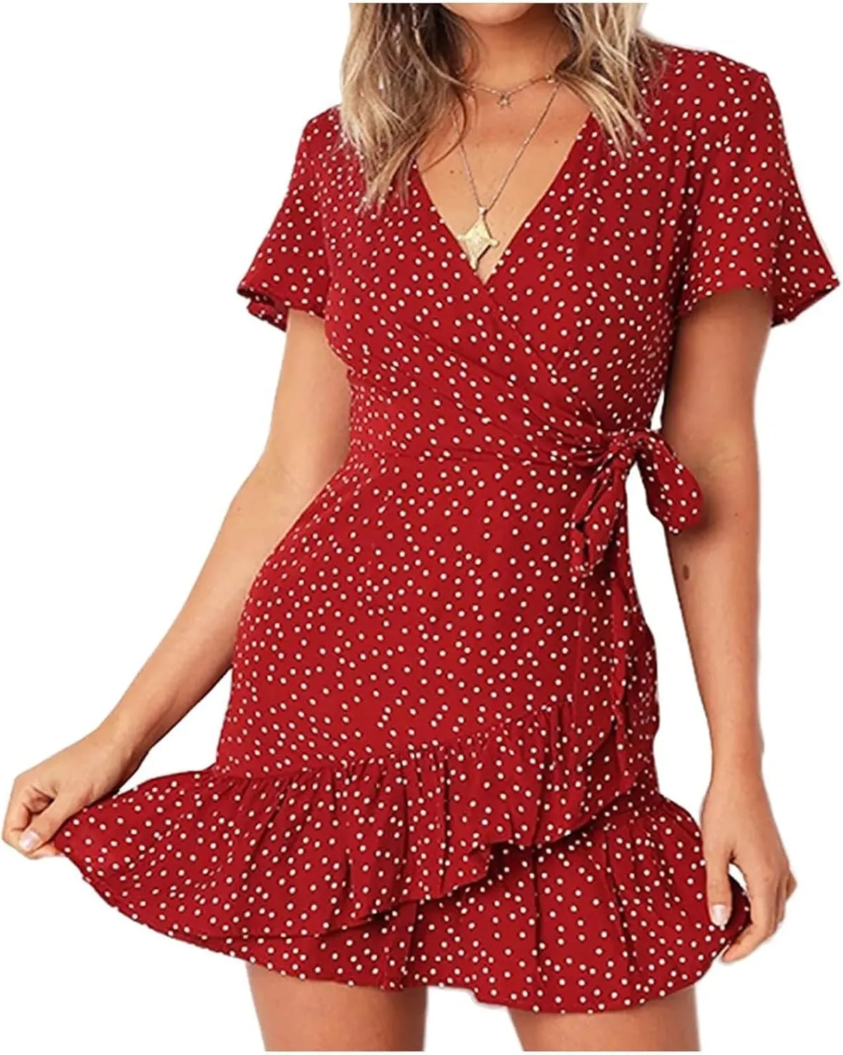 Women's Wrap Dress Summer Deep V-Neck Short Sleeve Floral Print Mini Ruffle Wrap Dress with Self Tie