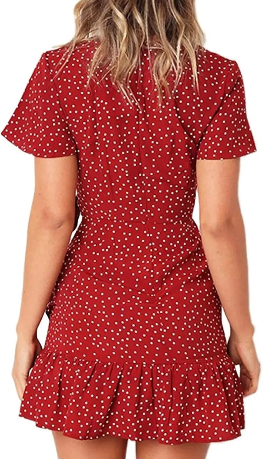 Women's Wrap Dress Summer Deep V-Neck Short Sleeve Floral Print Mini Ruffle Wrap Dress with Self Tie
