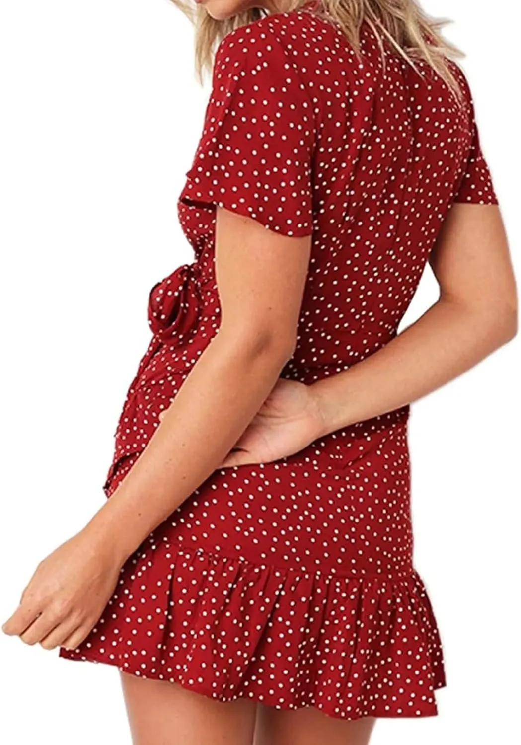 Women's Wrap Dress Summer Deep V-Neck Short Sleeve Floral Print Mini Ruffle Wrap Dress with Self Tie