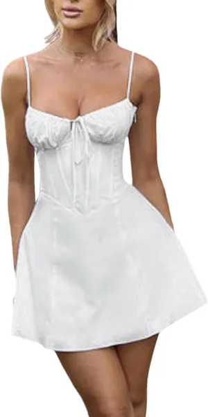 Women's Y2k Summer Flowy Corset Mini Dress Cute Backless Ruffle Preppy Short Club Party Dress