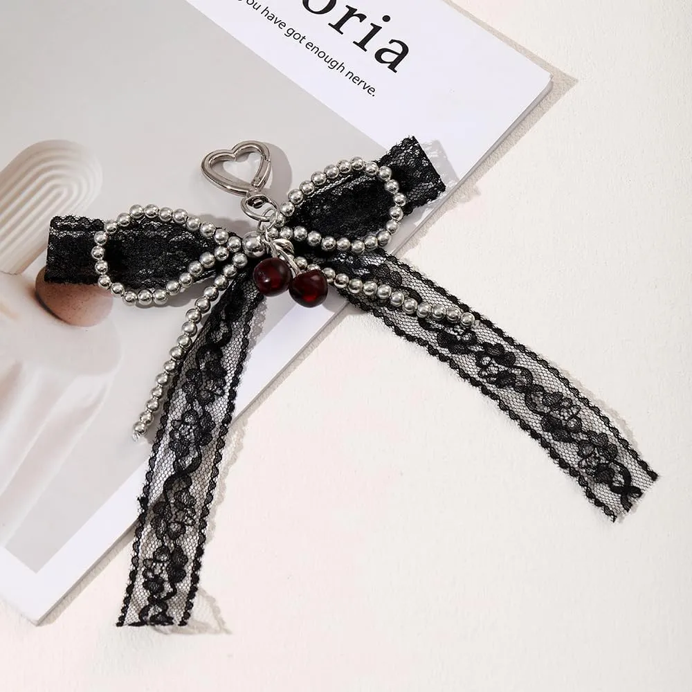 Y2K Bow Keychain Cherry Bag Charm Heart Lace Pearl Ribbon Keychain Cute Purse Handbags Charms Retro Accessorie