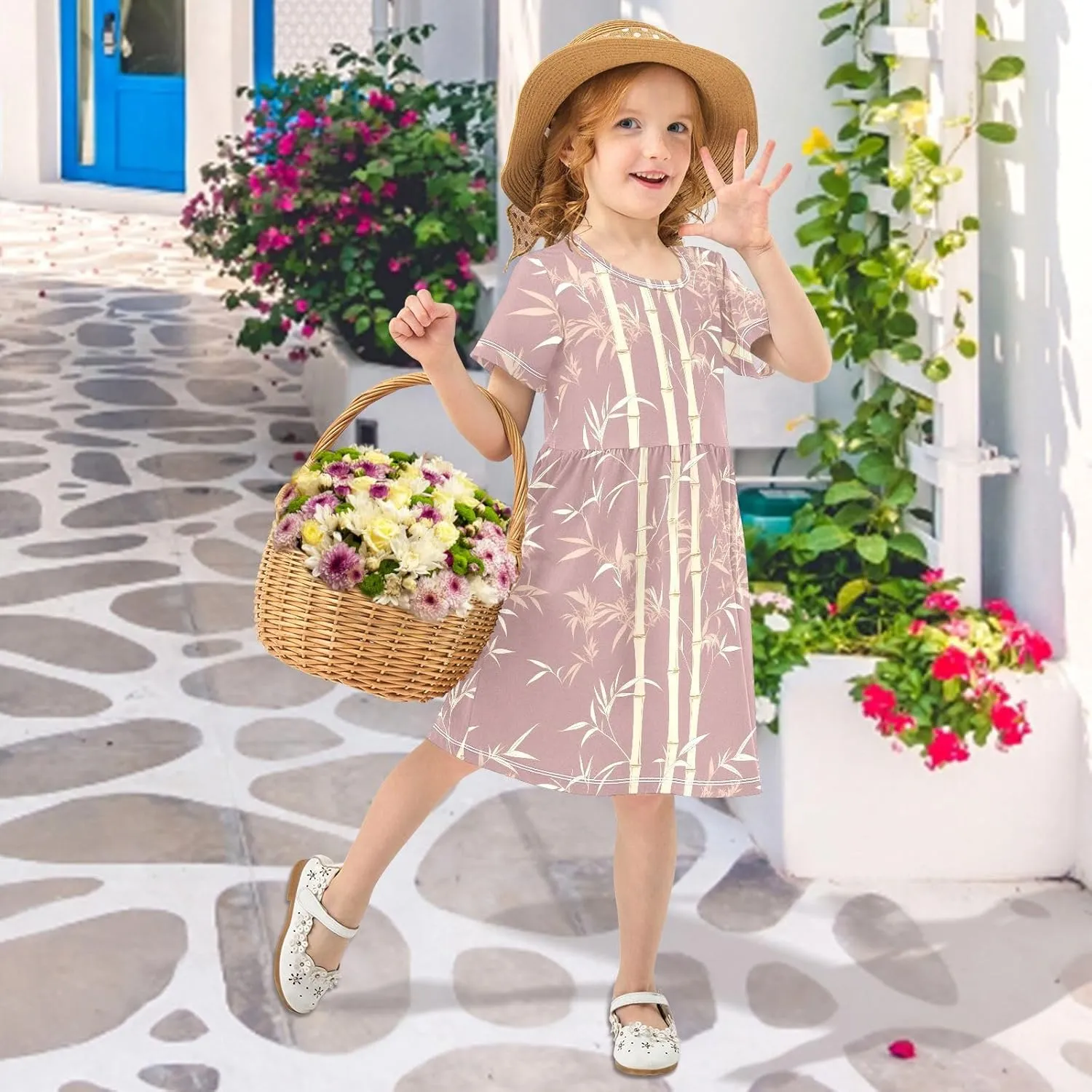 Yuiboo Rose Gold Trees Girls Dresses Short Sleeve Swing Casual Ruffle Dresses for Girls