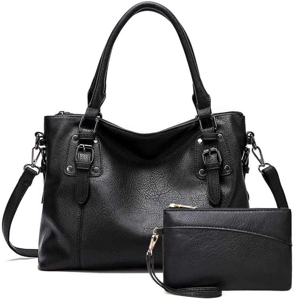 ZiMing Vintage Tote Bag for Women PU Leather Shoulder Bags Hobo Bags Large Purse and Handbags Ladies Satchel Wallet 2Pcs Set