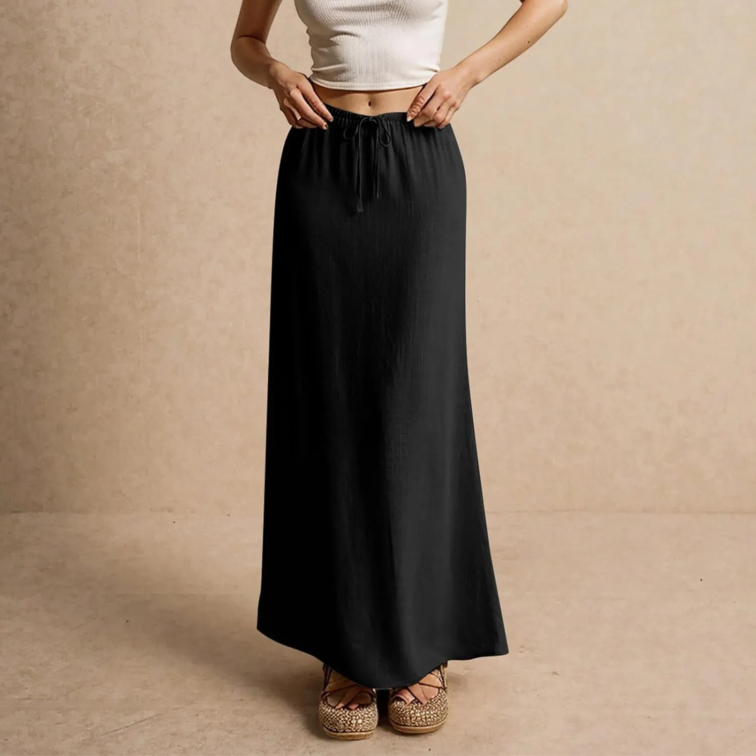 ZWRXW Linen Maxi Skirts for Women Cotton Linen Skirt Elastic Waist Drawstring Waist A Line Skirts Flowy Ankle-Length Skirt