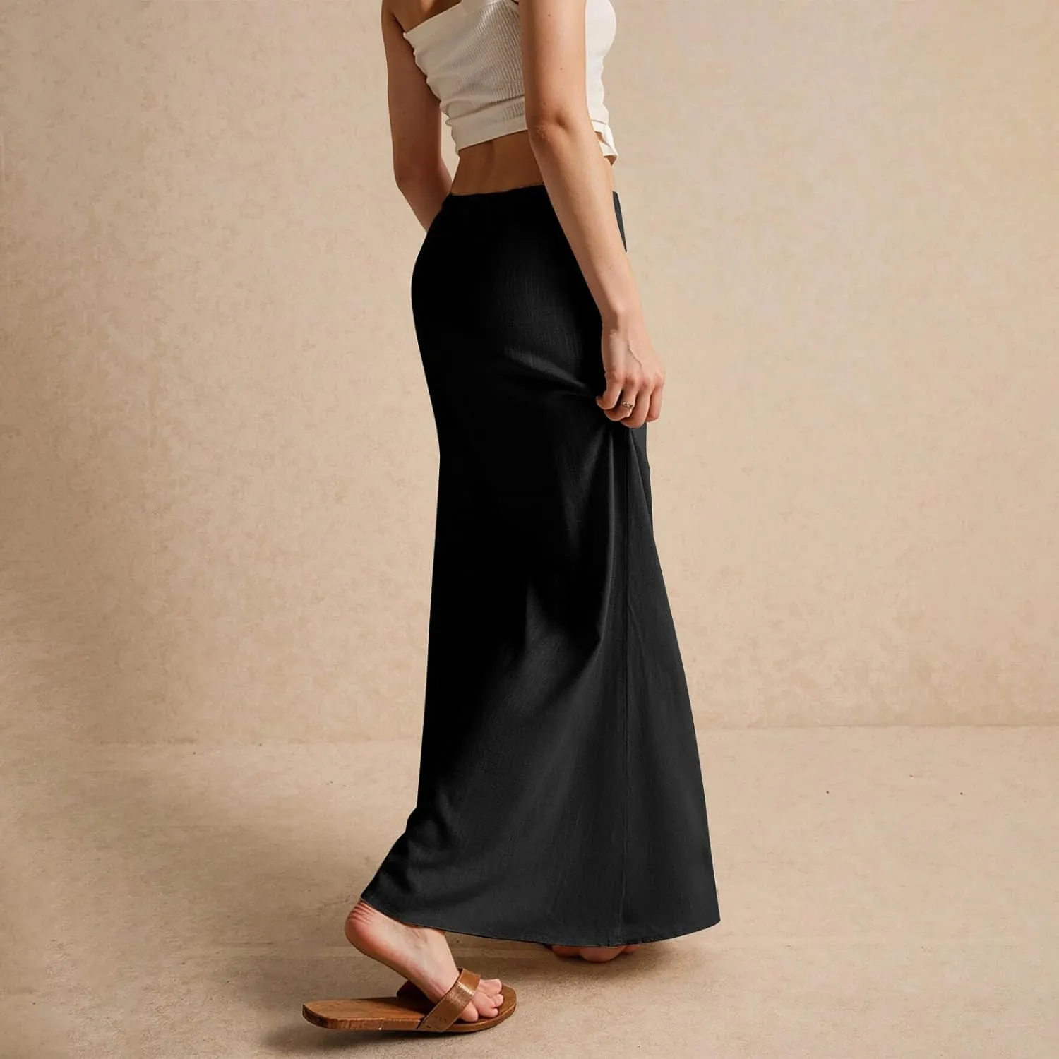 ZWRXW Linen Maxi Skirts for Women Cotton Linen Skirt Elastic Waist Drawstring Waist A Line Skirts Flowy Ankle-Length Skirt