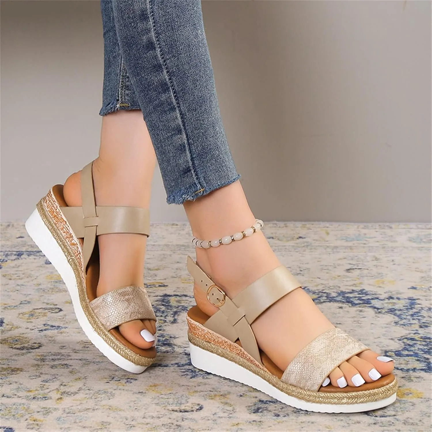 ZWRXW Sandals for Women 2025 Open Toe Ankle Strap Platform Sandal Arch Support Low Wedge Sandals Comfortable Dressy Summer Shoes Orthopedic Walking Shoes