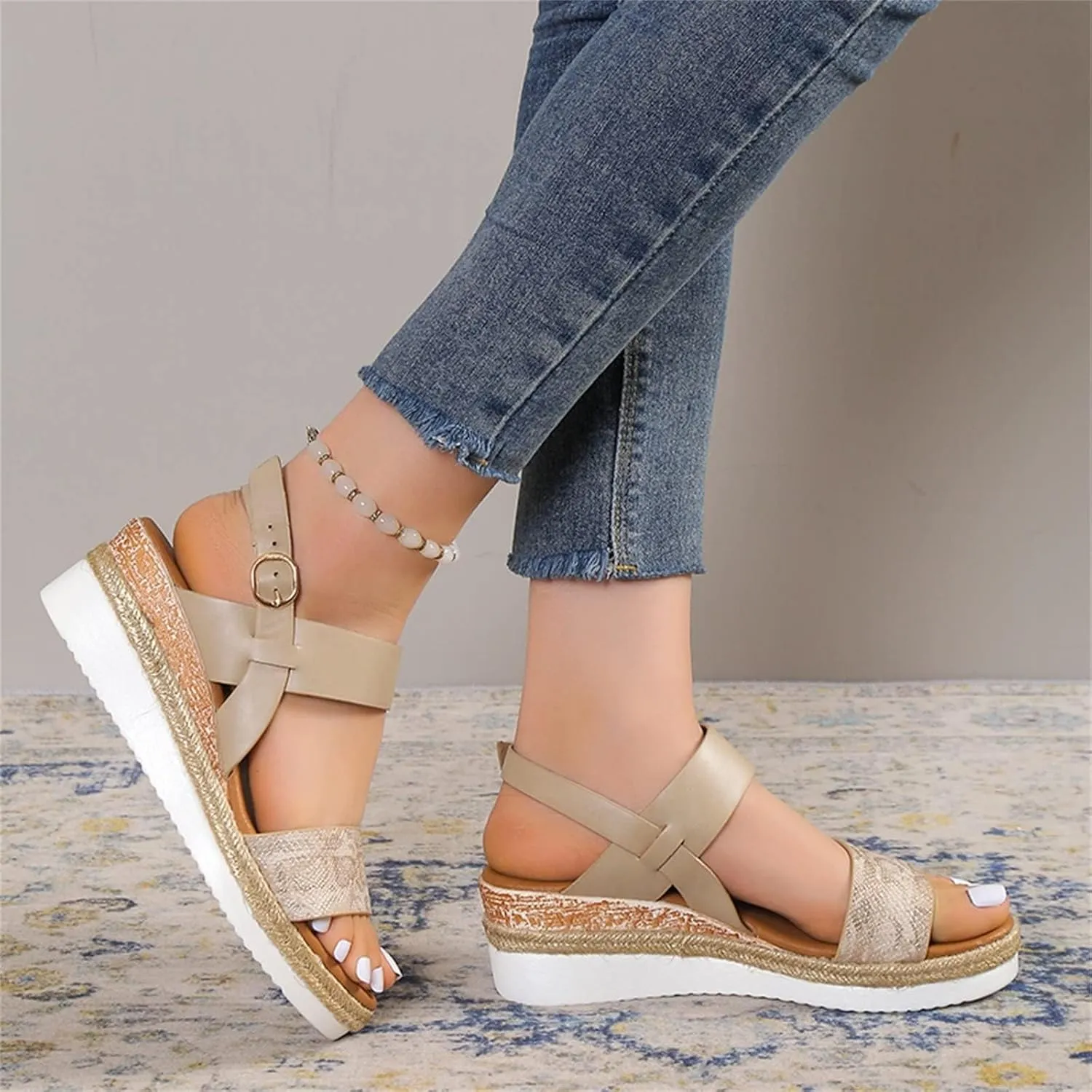 ZWRXW Sandals for Women 2025 Open Toe Ankle Strap Platform Sandal Arch Support Low Wedge Sandals Comfortable Dressy Summer Shoes Orthopedic Walking Shoes