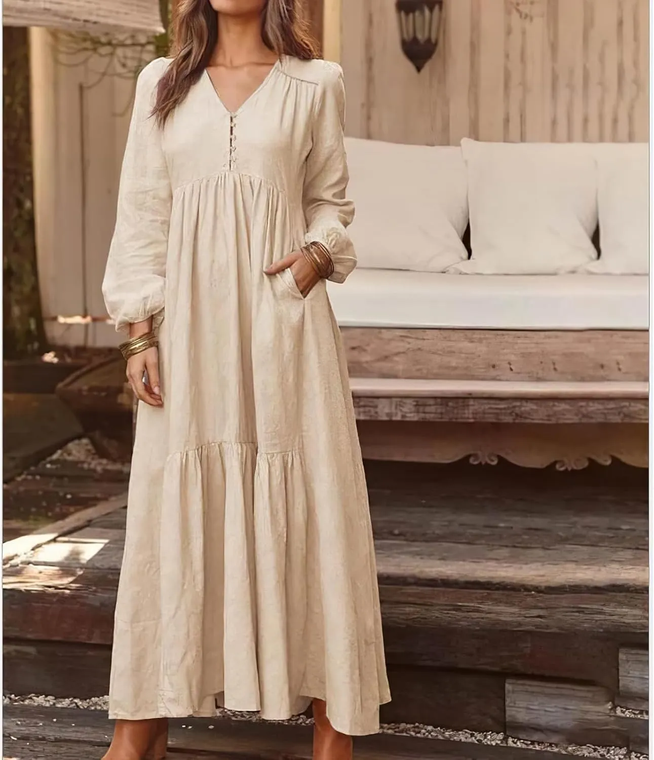 ZWRXW Womens Fall Fashion Linen Dresses Button Front V Neck Pleated Dress Long Sleeve Tiered Ruffle Maxi Dress with Pockets
