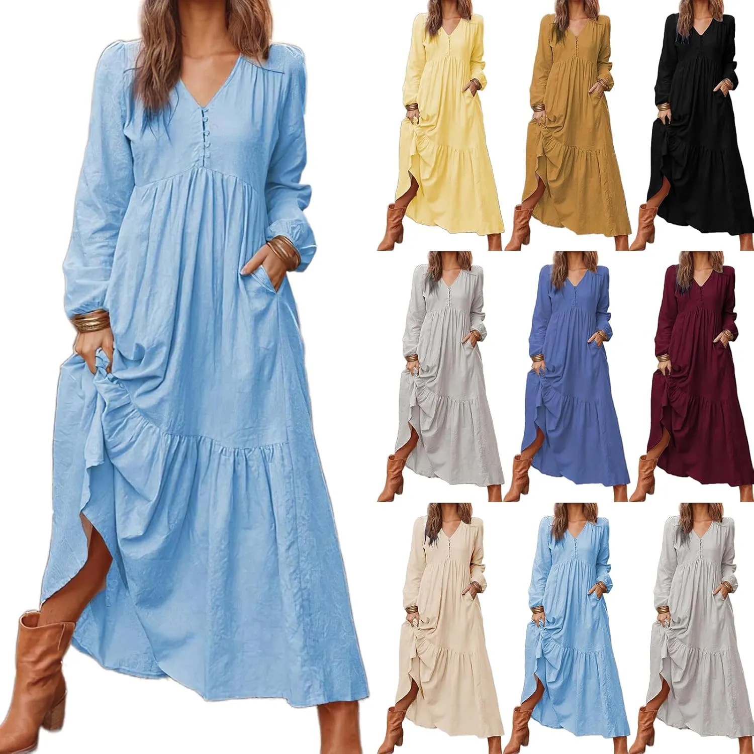 ZWRXW Womens Fall Fashion Linen Dresses Button Front V Neck Pleated Dress Long Sleeve Tiered Ruffle Maxi Dress with Pockets