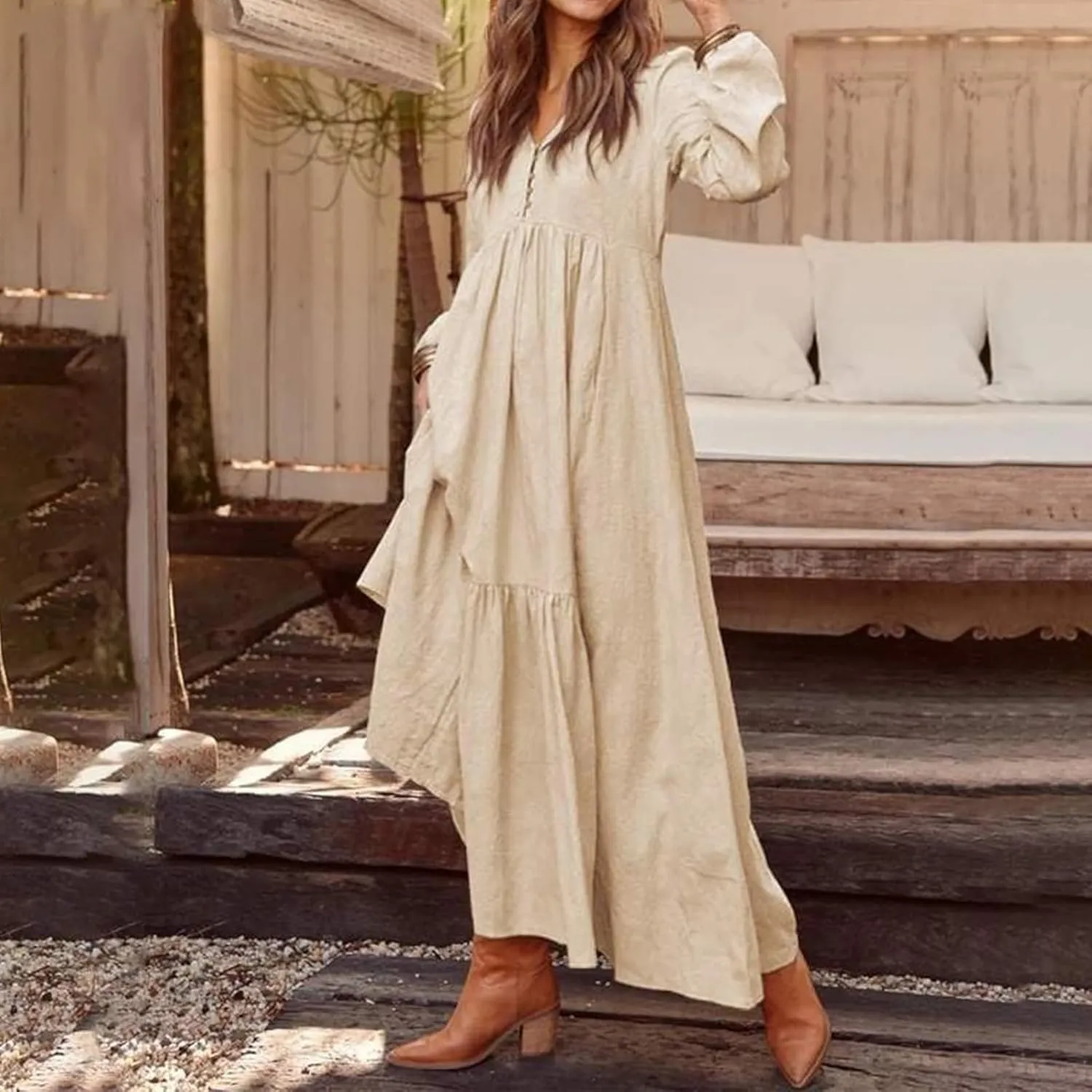 ZWRXW Womens Fall Fashion Linen Dresses Button Front V Neck Pleated Dress Long Sleeve Tiered Ruffle Maxi Dress with Pockets