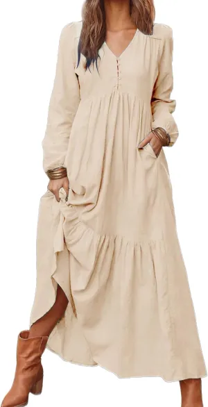 ZWRXW Womens Fall Fashion Linen Dresses Button Front V Neck Pleated Dress Long Sleeve Tiered Ruffle Maxi Dress with Pockets