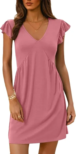 ZWRXW Women's Summer Dresses 2025 Elegant Ruffle Sleeve Mini Dresses Casual Deep V Neck Loose Sundress Vacation Beach Dress