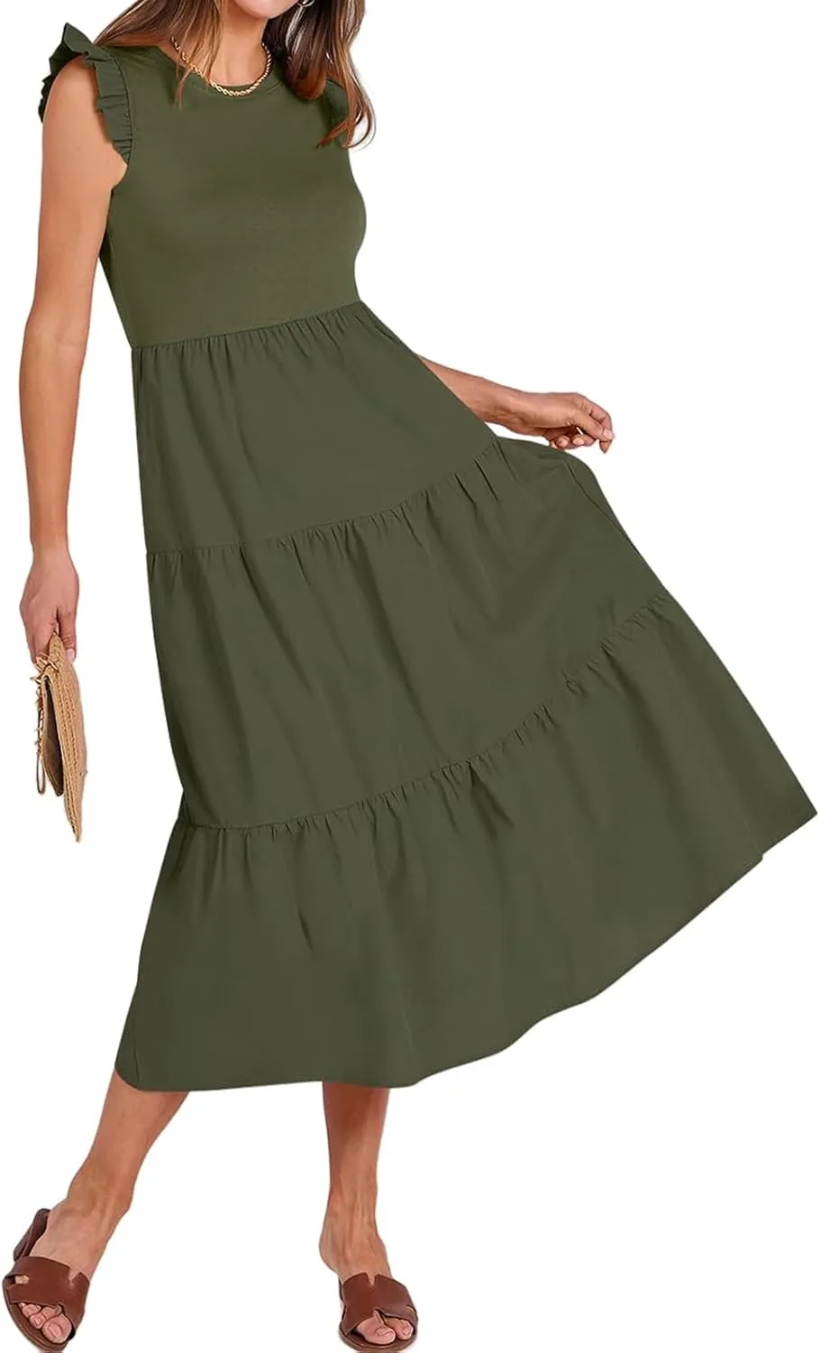 ZWRXW Women's Summer Dresses Casual Flutter Cap Sleeve Dress A-Line Flowy Tiered Beach Midi Dress Trendy Outfits with Pockets