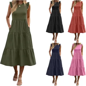 ZWRXW Women's Summer Dresses Casual Flutter Cap Sleeve Dress A-Line Flowy Tiered Beach Midi Dress Trendy Outfits with Pockets