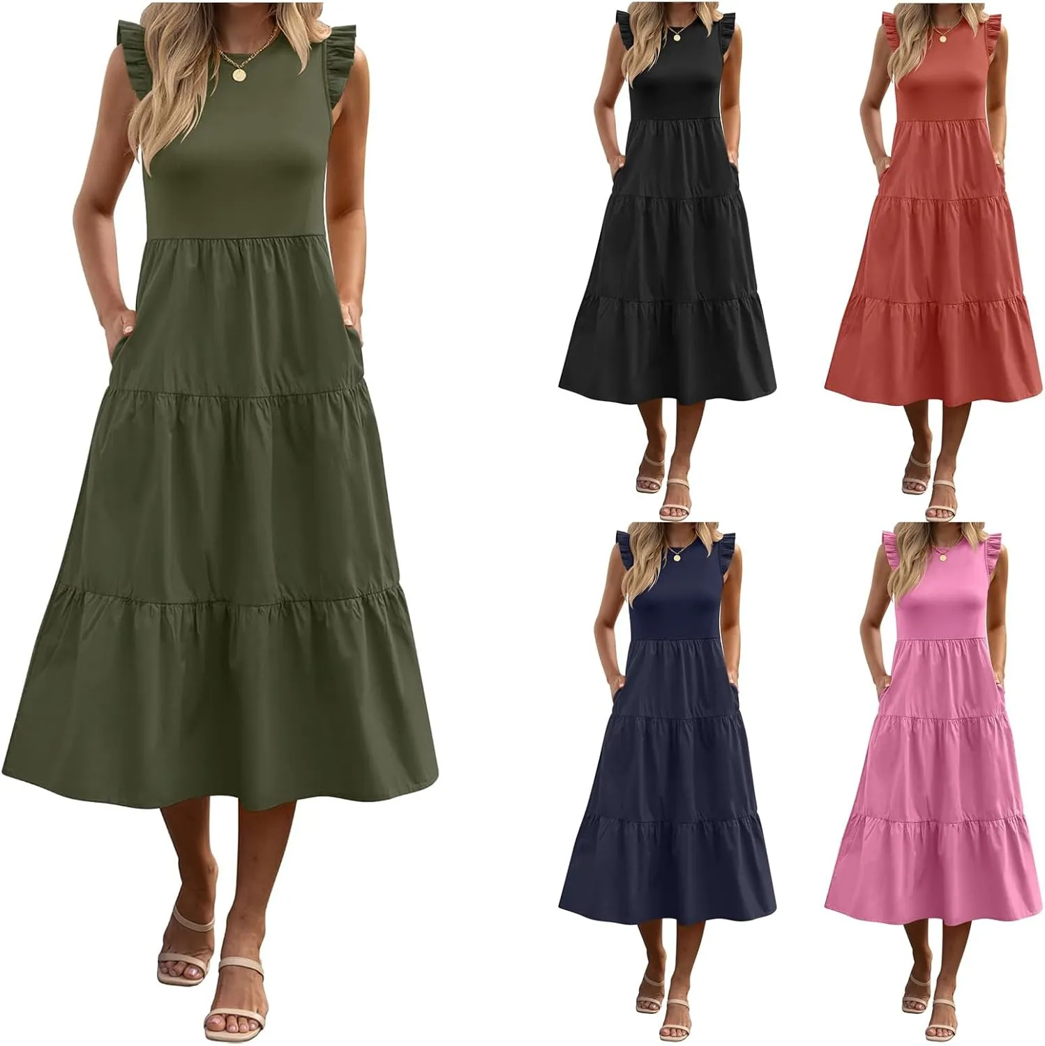 ZWRXW Women's Summer Dresses Casual Flutter Cap Sleeve Dress A-Line Flowy Tiered Beach Midi Dress Trendy Outfits with Pockets