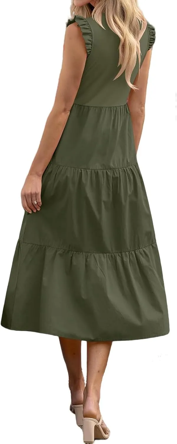 ZWRXW Women's Summer Dresses Casual Flutter Cap Sleeve Dress A-Line Flowy Tiered Beach Midi Dress Trendy Outfits with Pockets